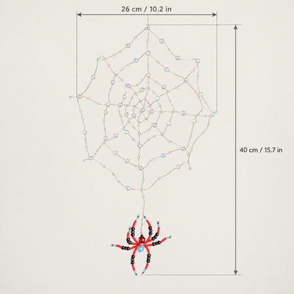 Beaded spider web and spider size guide: approximately 26 cm wide and 40 cm overall height