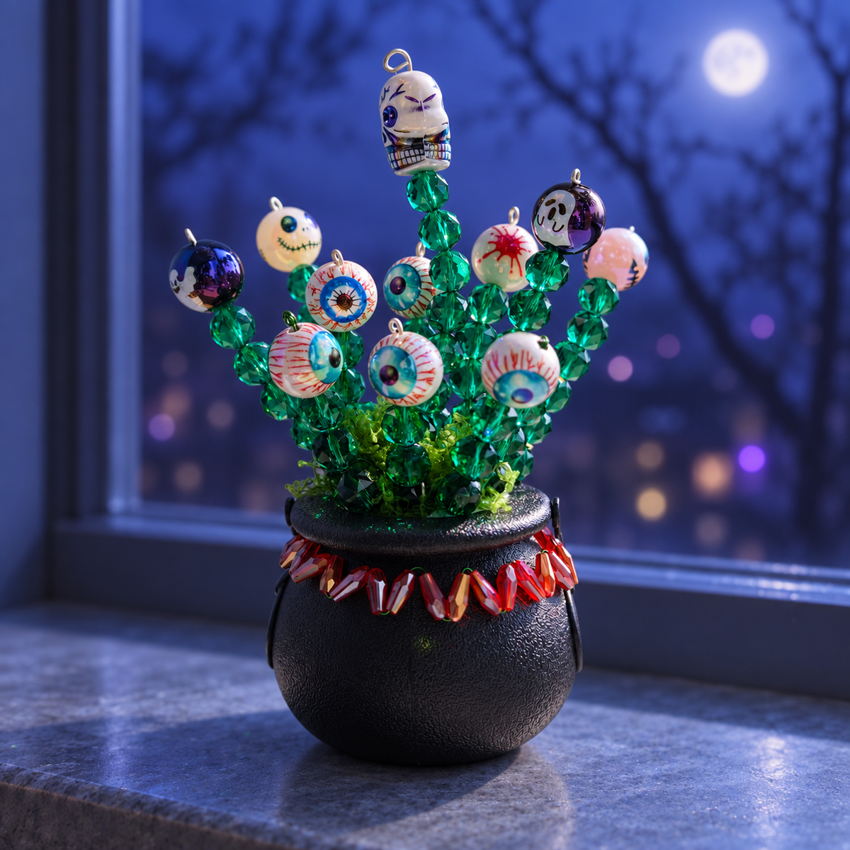 Halloween witch cauldron beaded plant on a blue moonlit windowsill