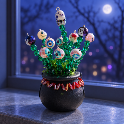 Halloween witch cauldron beaded plant on a blue moonlit windowsill