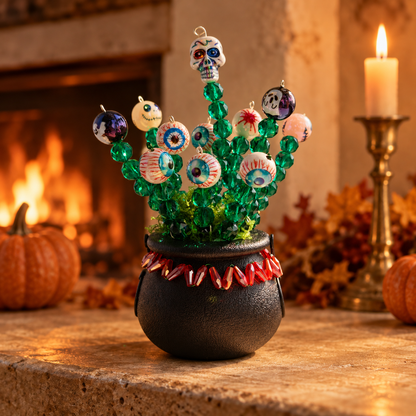 Halloween witch cauldron beaded plant in a warm autumn fireplace setting