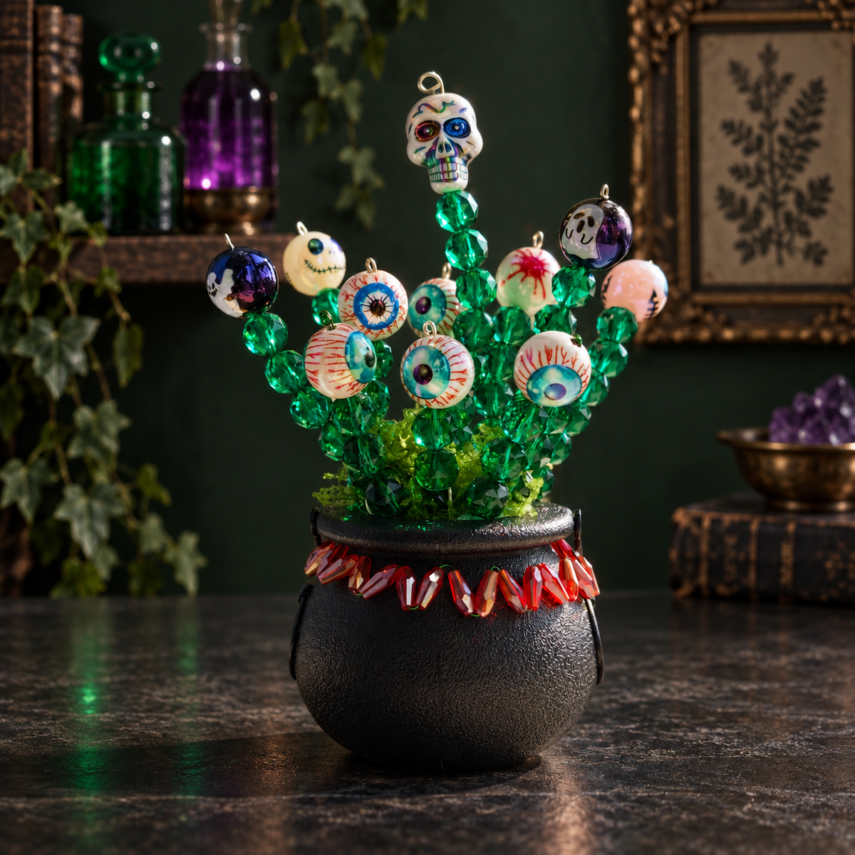 Halloween witch cauldron beaded plant in a dark green witch apothecary