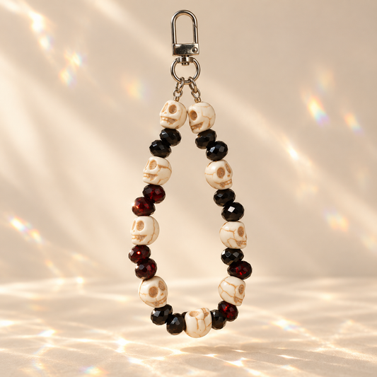 Skull and blood-red beaded phone and bag charm with a swivel clasp on a warm cream background.
