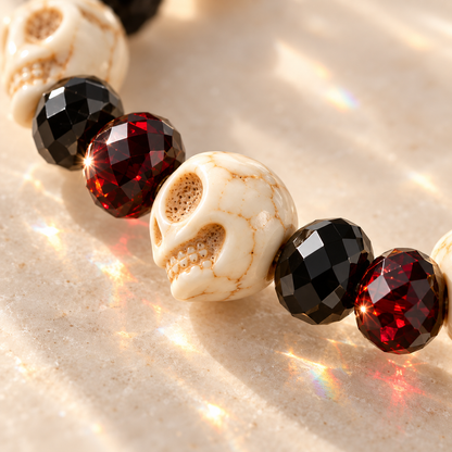 Ivory-colored skull beads and black and deep-red faceted beads on a charm attached to a phone in natural light.