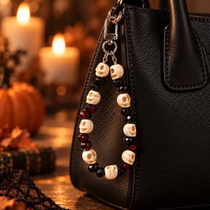Close-up of ivory-colored skull beads and black and deep-red faceted beads catching the light.