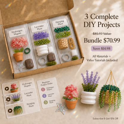 Three-project beginner beading bundle with coral pink hydrangea materials, tutorials, and finished examples