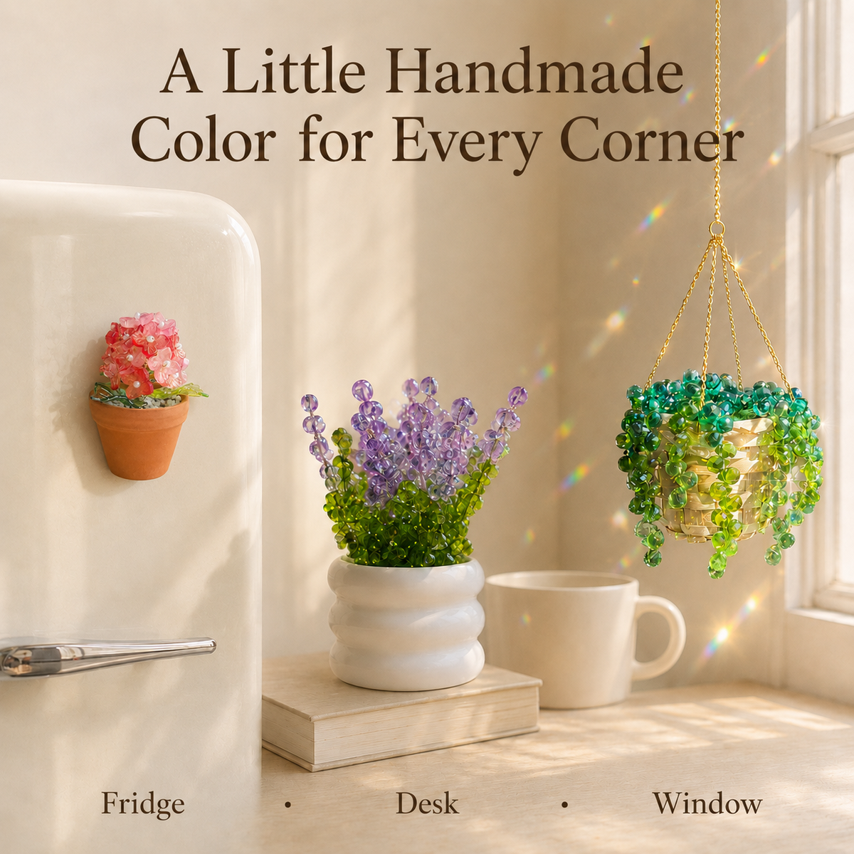 Coral pink hydrangea magnet on a fridge, lavender beaded plant on a desk, and hanging plant by a window