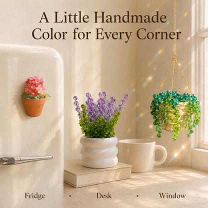 Coral pink hydrangea magnet on a fridge, lavender beaded plant on a desk, and hanging plant by a window