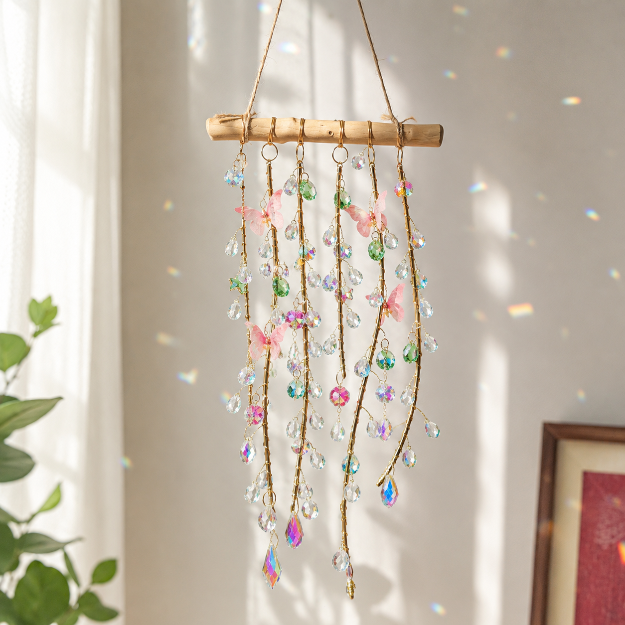 Butterfly Prism Willow finished suncatcher with pink, green, and clear crystal strands on natural wood.