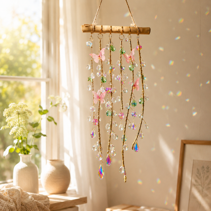 Butterfly Prism Willow crystal hanging decor sparkling beside a bright window.