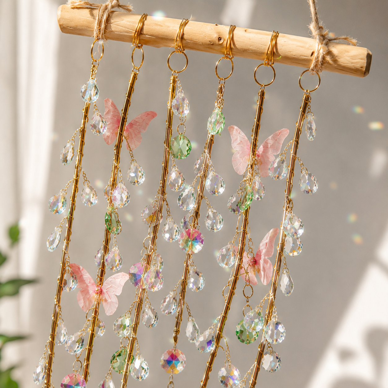 Close-up of pastel butterfly prisms and faceted crystal drops on the Butterfly Prism Willow suncatcher.