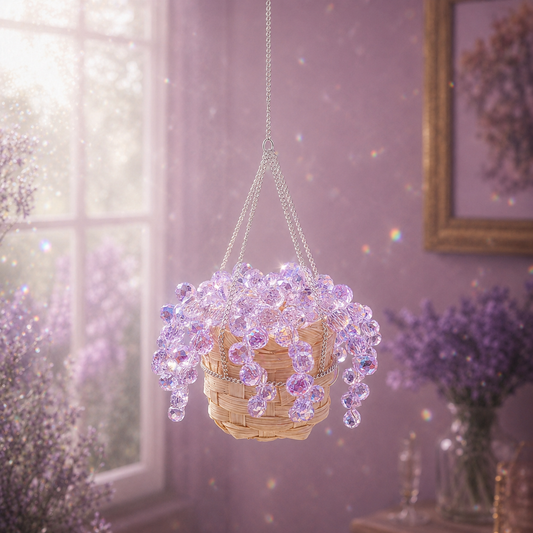 Mini purple Mermaid's Tears finished beaded plant sparkling beside a dreamy sunlit window.