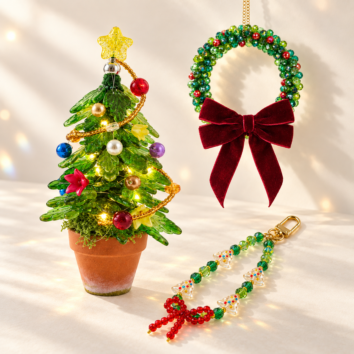 Christmas beaded DIY kit bundle with tree, wreath and bow charm