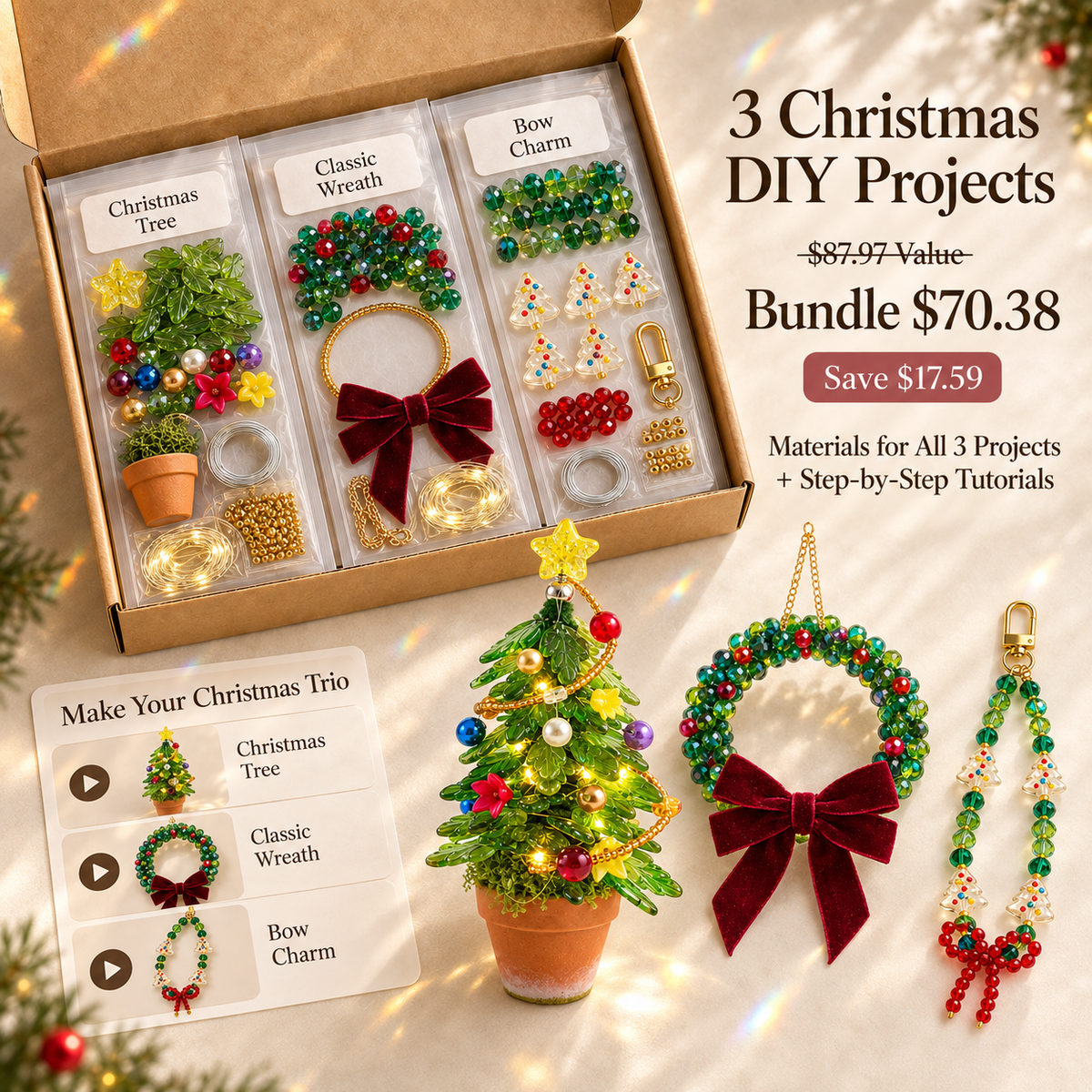 Christmas DIY bundle materials and finished projects
