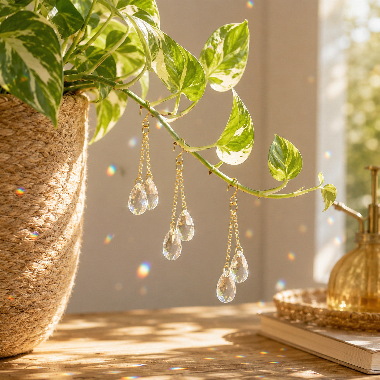 Clear crystal plant vine suncatcher charms hanging from pothos vines in warm sunlight with rainbow reflections.