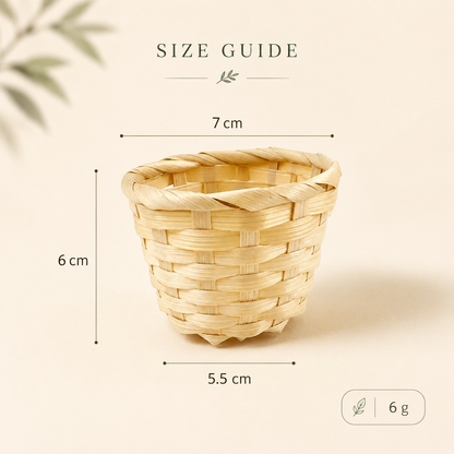 Extra-full green beaded plant woven basket size guide showing 7 cm top width, 6 cm height, and 5.5 cm base width.