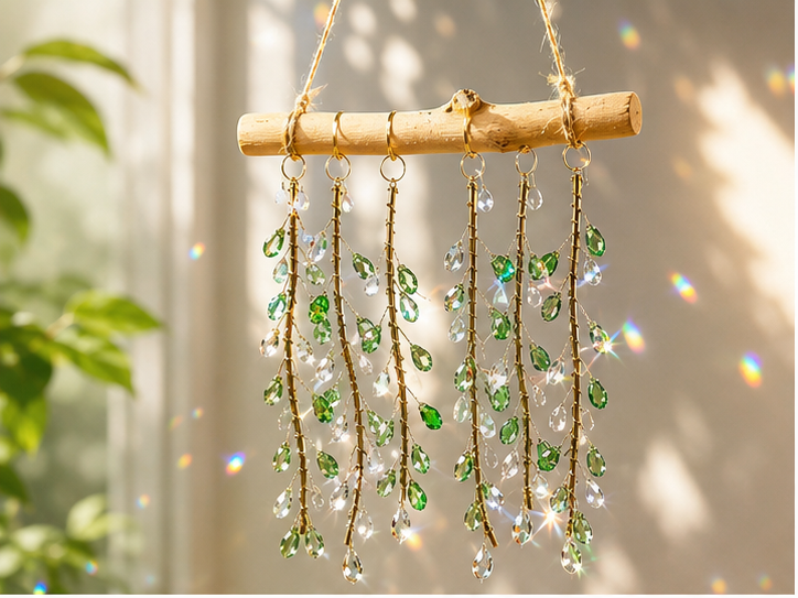 Emerald Willow finished suncatcher with green faceted glass leaves and clear drops on natural driftwood.