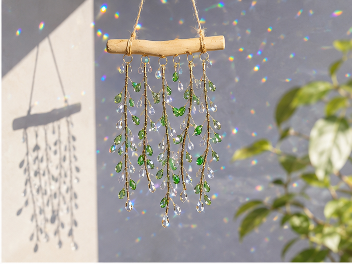 Emerald Willow crystal suncatcher casting rainbow reflections in a sunny interior.
