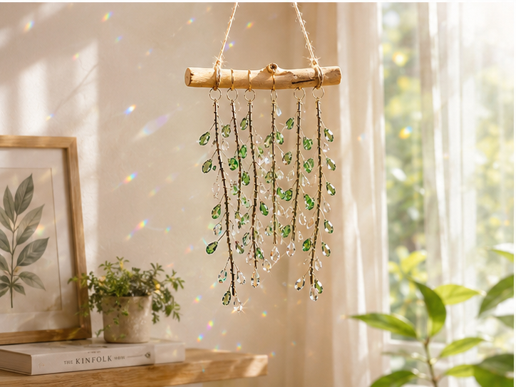 Emerald Willow hanging decor displayed above a light wood table near a bright window.