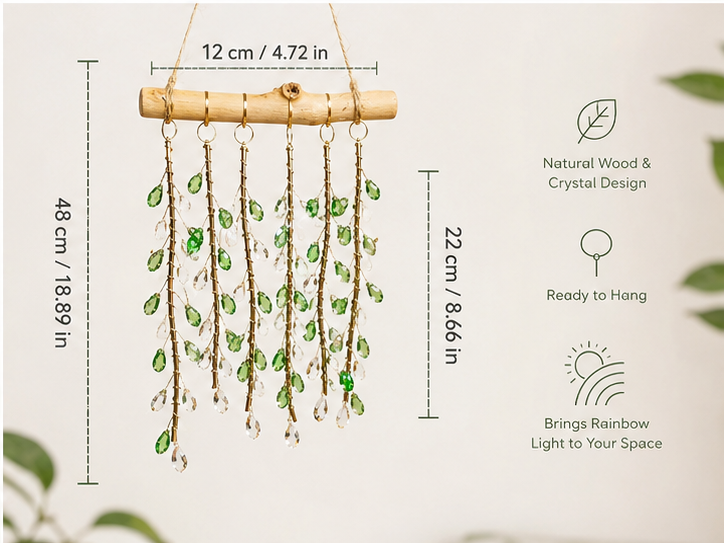 Emerald Willow size guide showing a 12 cm wood bar, 22 cm decorative section, and 48 cm overall hanging height.