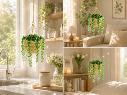 Mini green finished beaded plant displayed in several bright home decor settings.