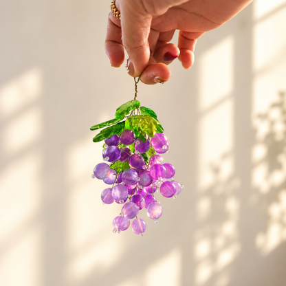 Hand holding a beaded grape bunch