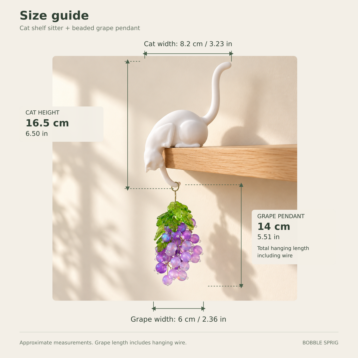 Cat shelf sitter and grape pendant size guide