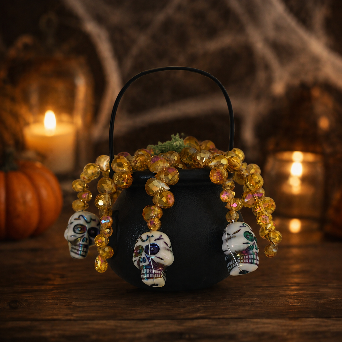 Halloween skull witch cauldron beaded plant with golden faceted glass beads