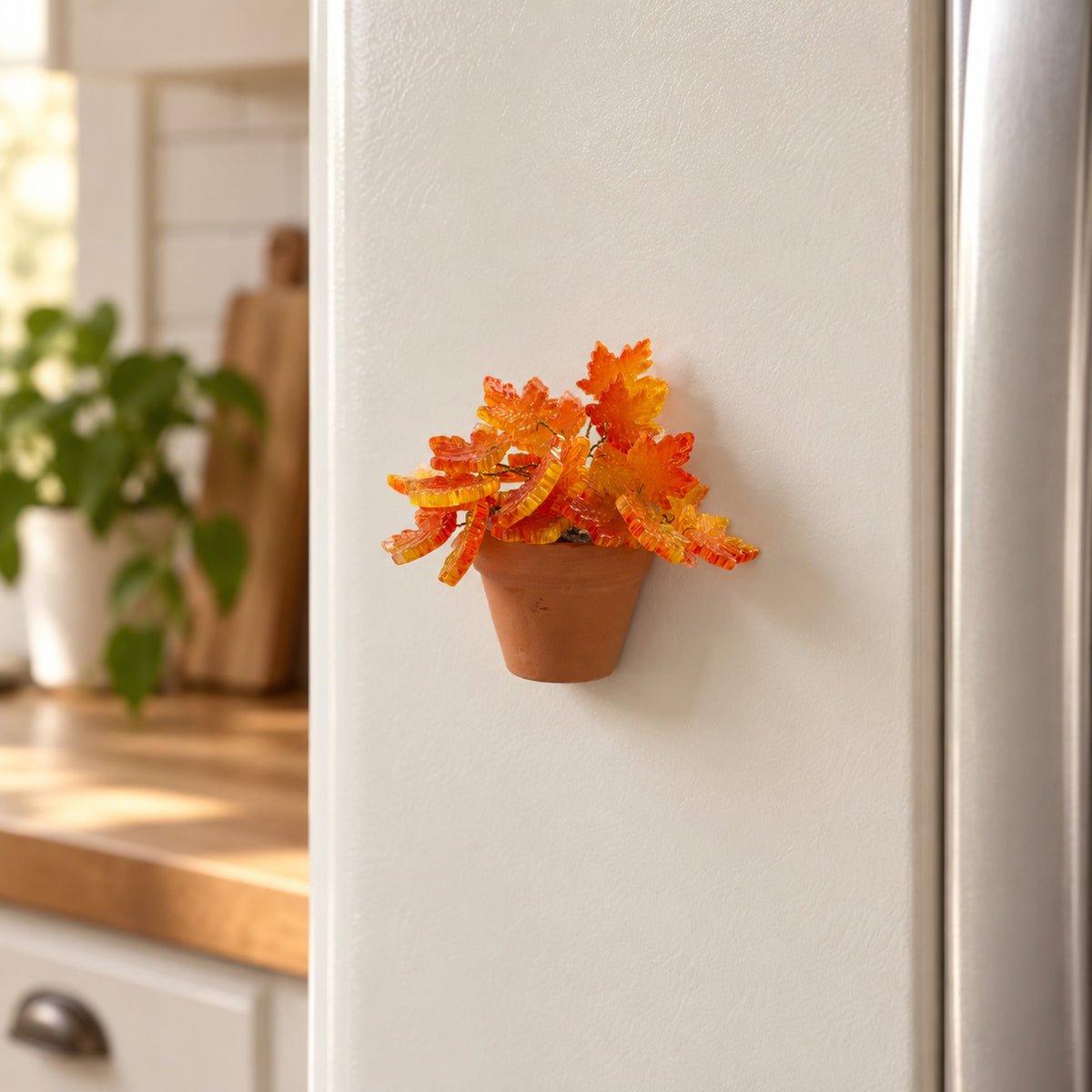 Mini orange maple leaf beaded plant magnet on a refrigerator door