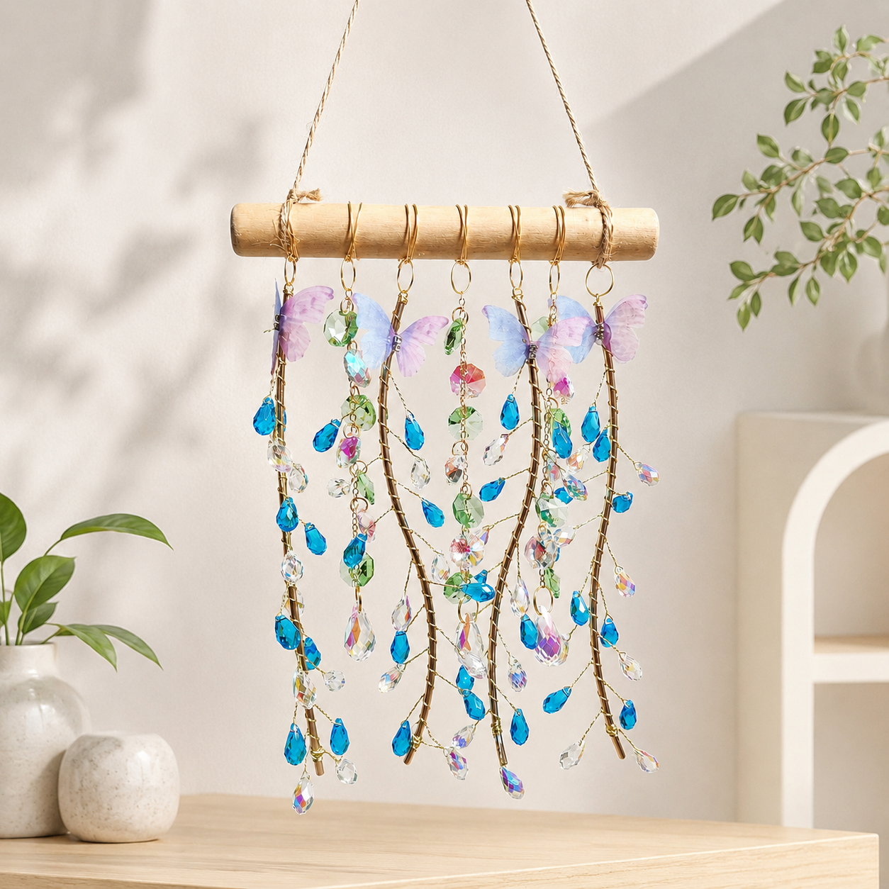 Ocean Willow blue crystal suncatcher displayed in a warm minimalist interior.
