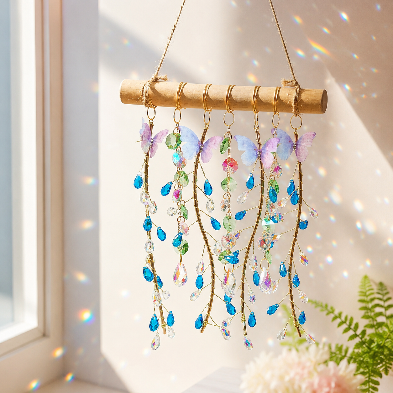 Ocean Willow finished hanging suncatcher creating colorful rainbow reflections near a window.