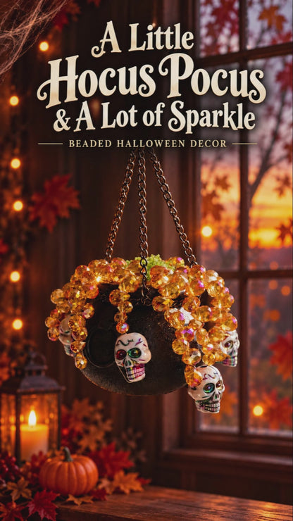 Halloween Skull Witch Cauldron Beaded Hanging Plant