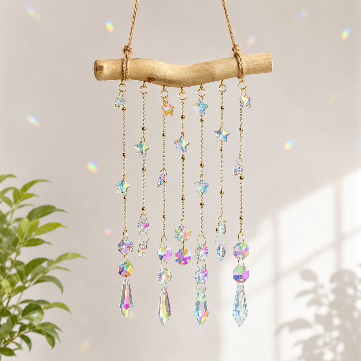Starlight Driftwood finished suncatcher with iridescent stars and crystal prism drops.