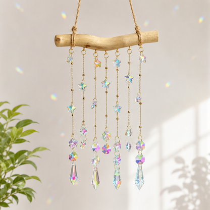 Starlight Driftwood finished suncatcher with iridescent stars and crystal prism drops.