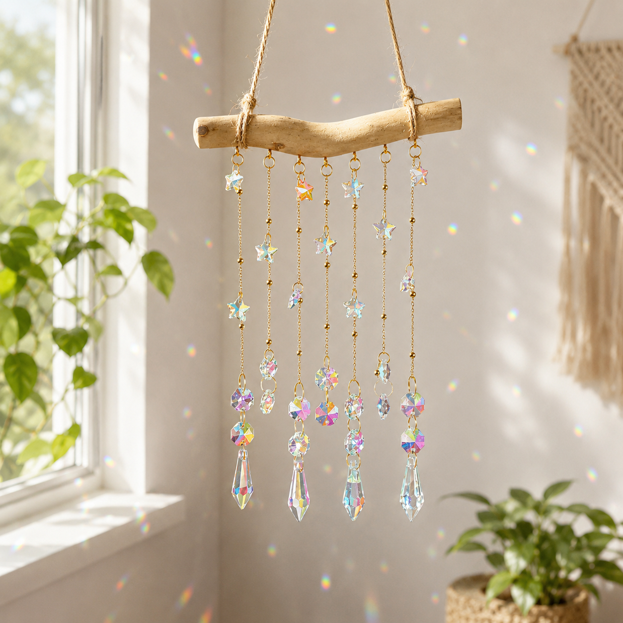 Starlight Driftwood hanging decor sparkling in natural light beside a window.