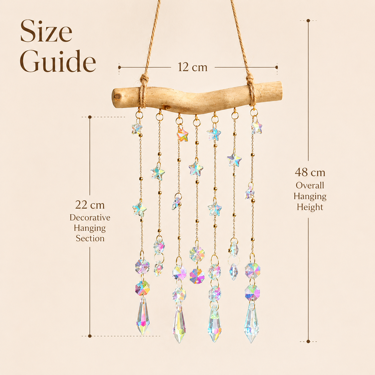 Starlight Driftwood size guide showing a 12 cm wood bar, 22 cm decorative section, and 48 cm overall hanging height.